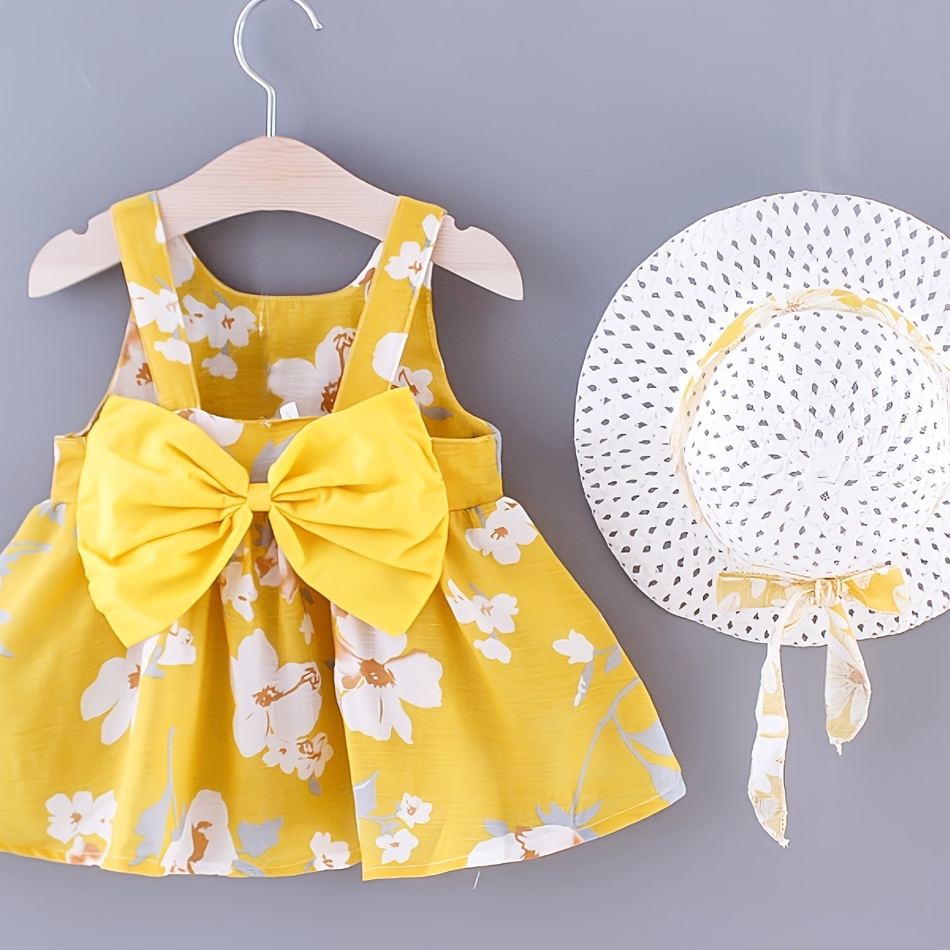 Baby Girls Summer Dress with Flower Print and Matching Hat Set