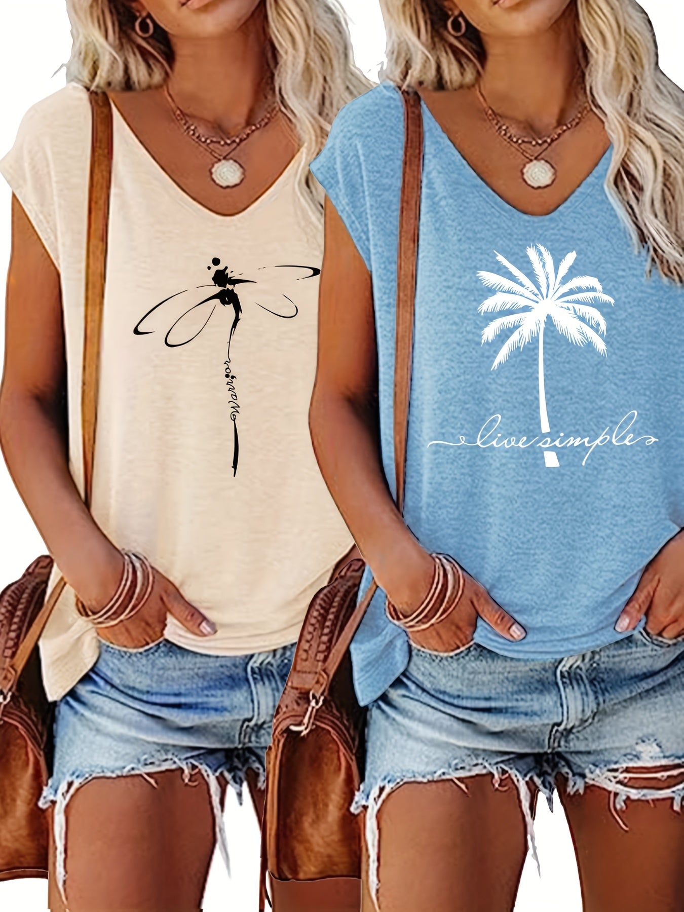 Plus Size Women's V-Neck Vests Two-Piece Set Floral Palm Tree Spring Summer Fabric