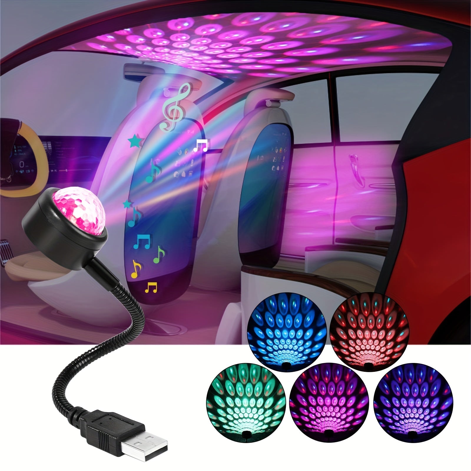 Car Interior LED Light USB Music Rhythm Projector Lamp for Vehicles