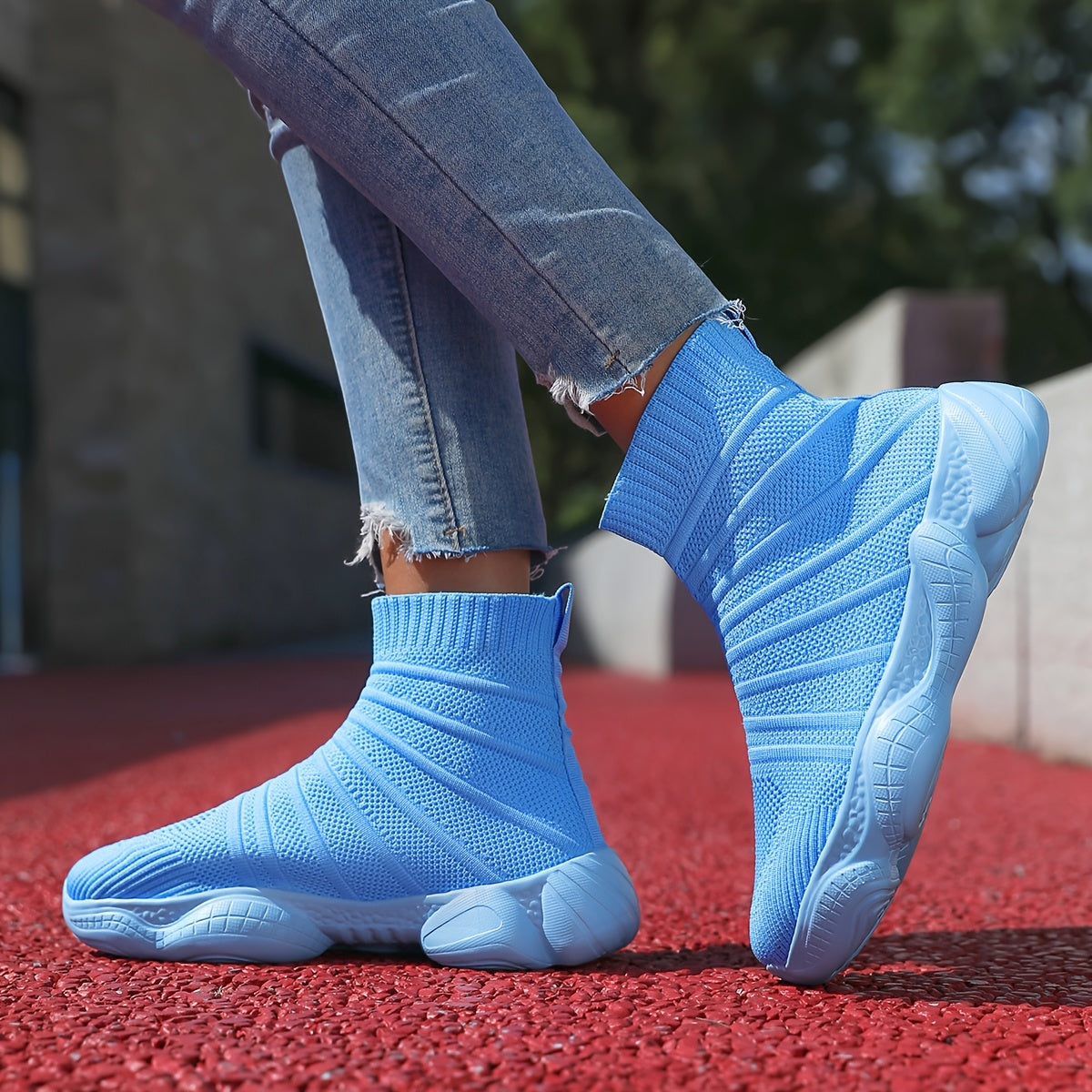 Women's Slip-On Platform Mid-Calf Boots Breathable Fabric All-Season Light Blue