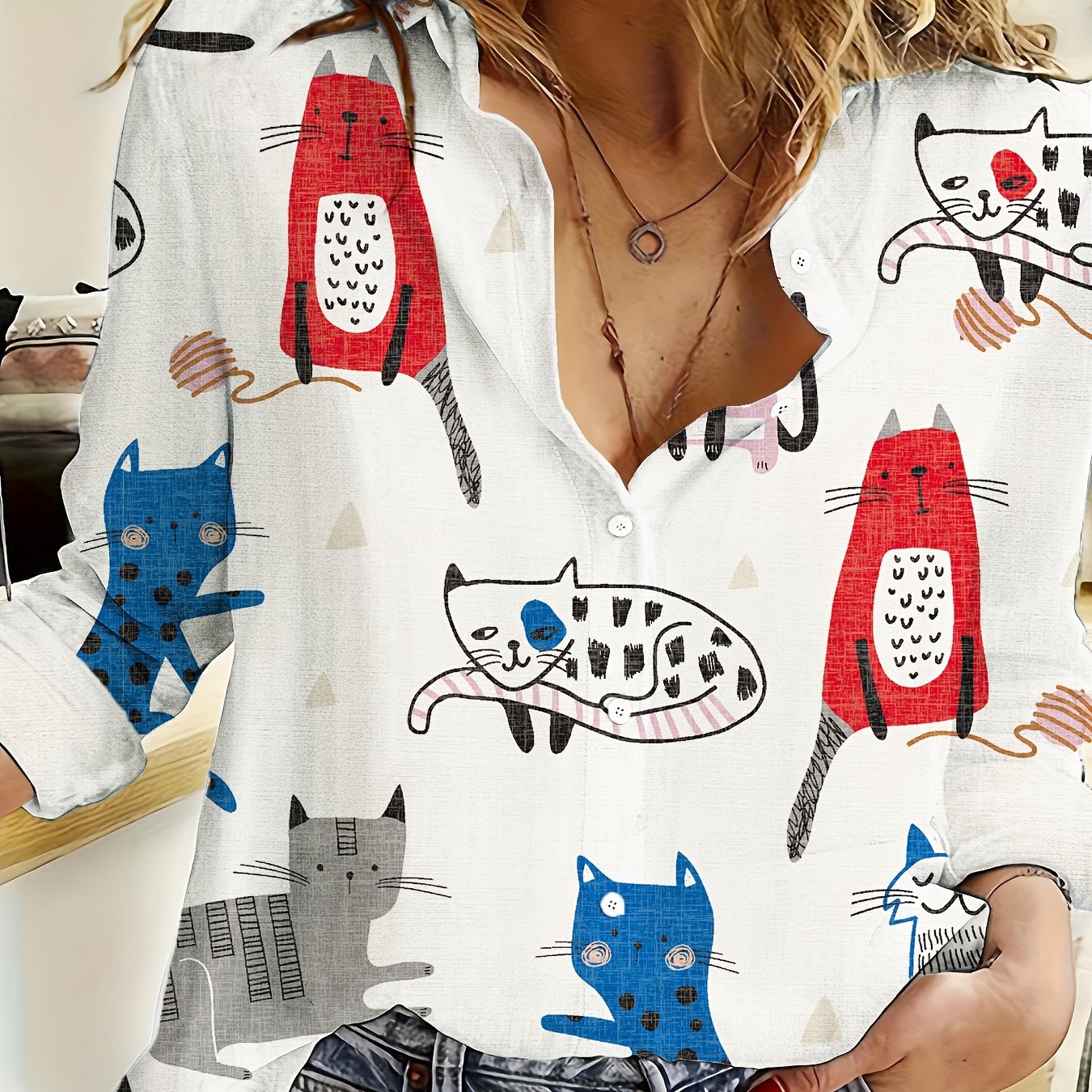 Women's Long Sleeve Casual Shirt Polyester Spandex with Cat and Fish Print for Spring and Summer
