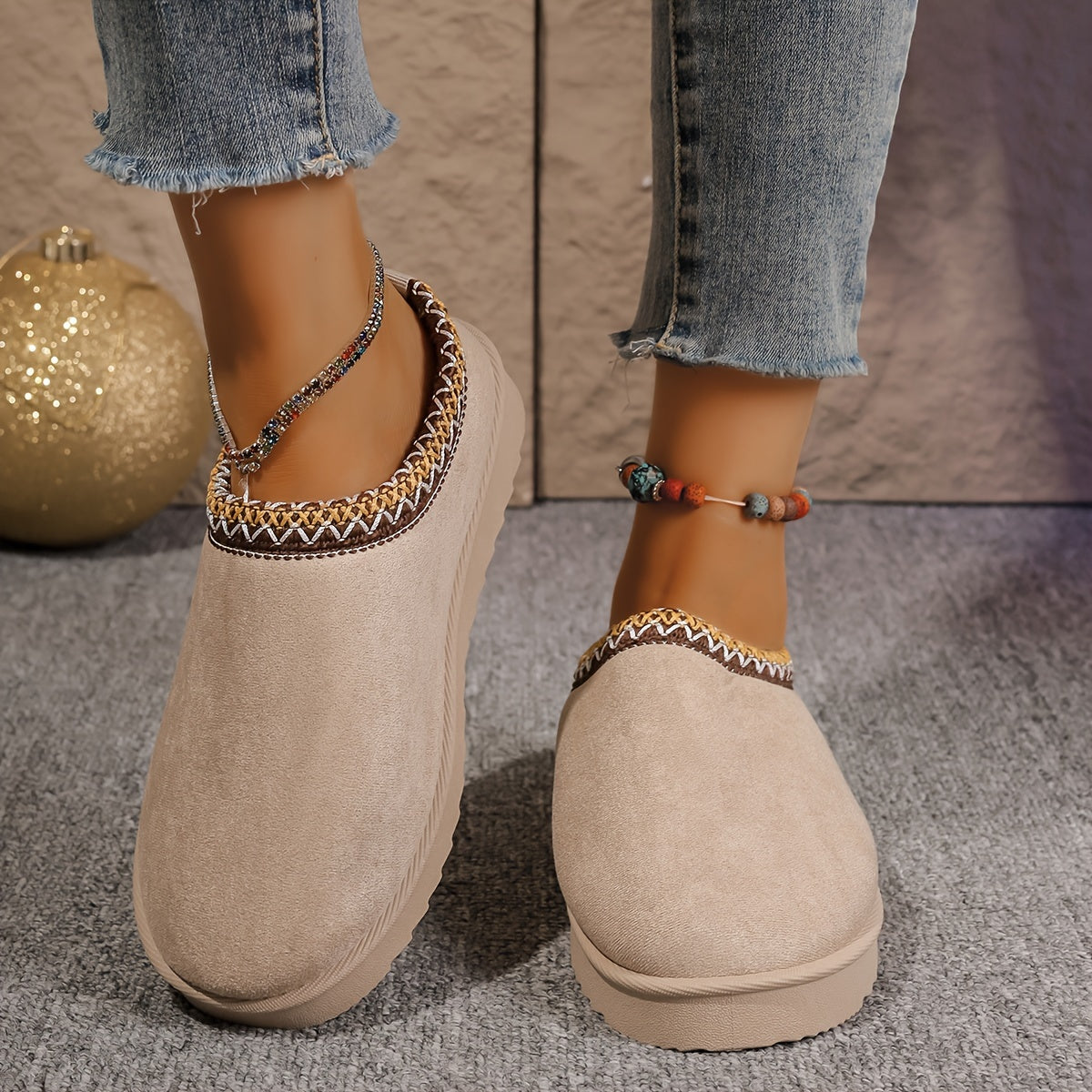 Women's Flannel Ankle Booties Casual Slip-on Round Toe Flat Heel Loafers