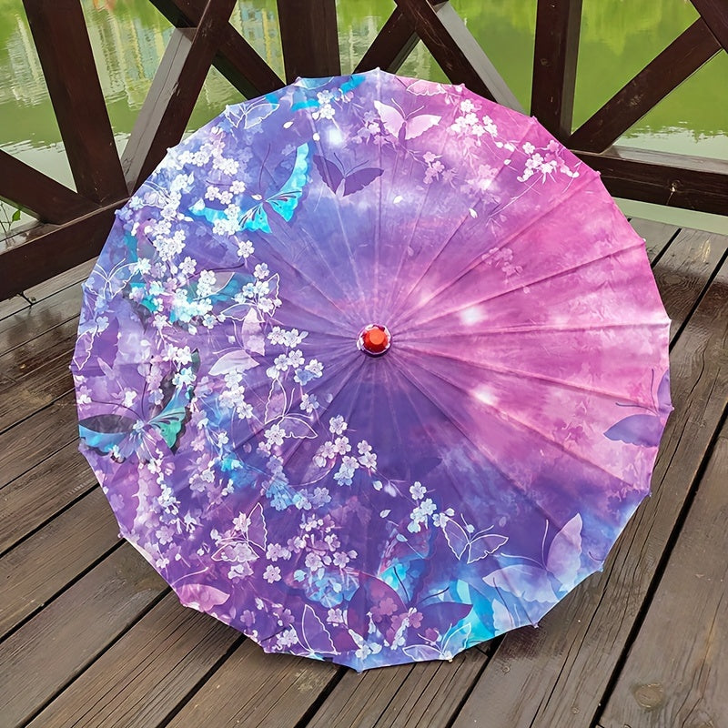 Chinese Cherry Blossom Parasol Umbrella with Bamboo Handle for Sun Rain Protection Weddings Parties