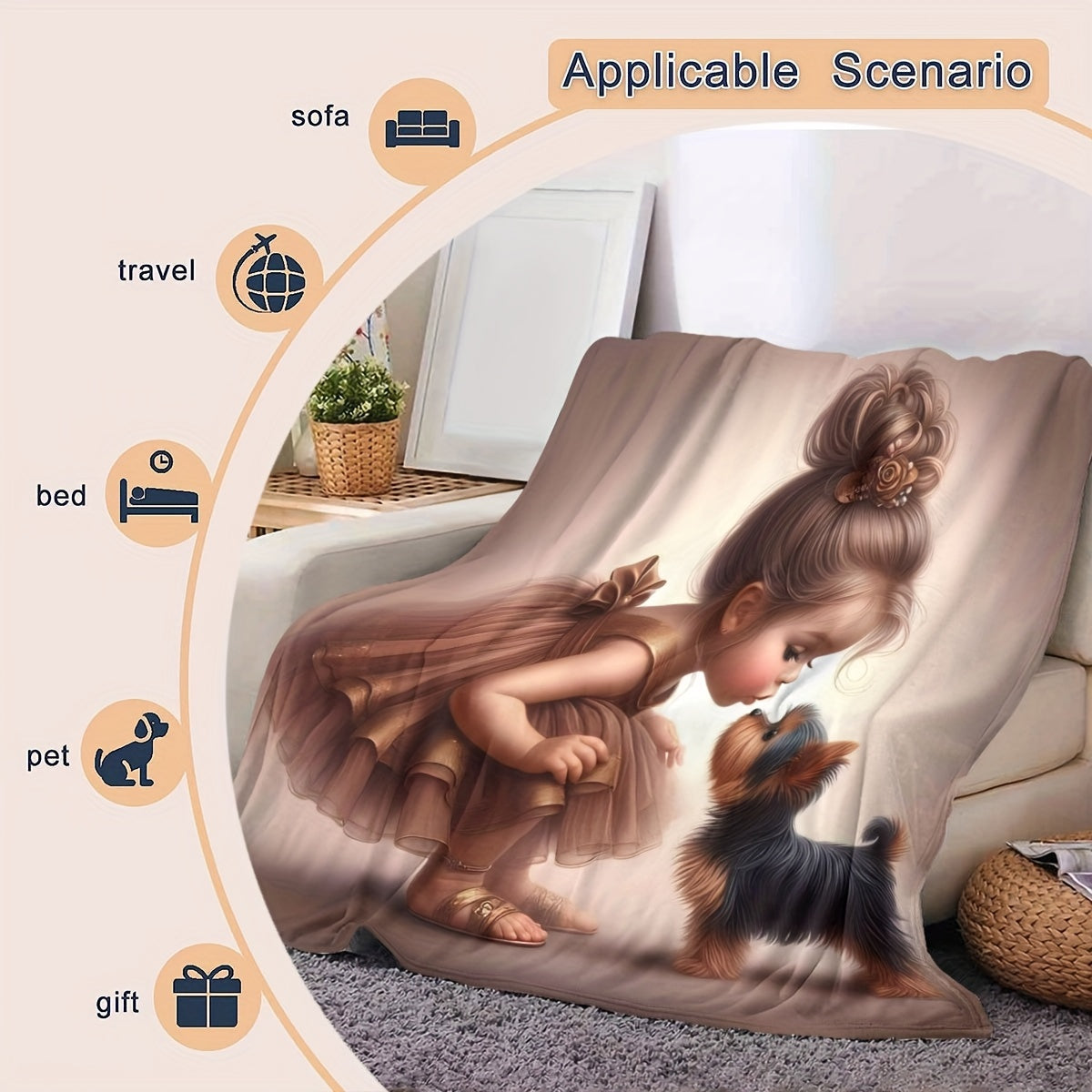 Soft Flannel Throw Blanket with Girl and Puppy Design Cozy Versatile for Couch Bed Office Travel