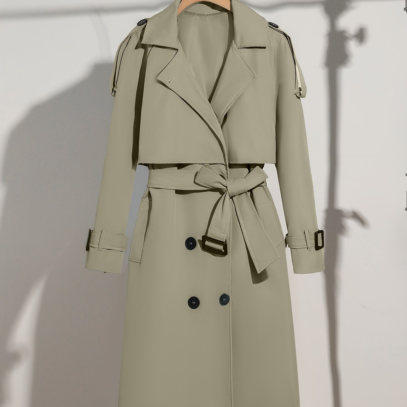 Abrigo trench de talla grande para mujer con doble botonadura, cinturón, solapa sólida y poliéster