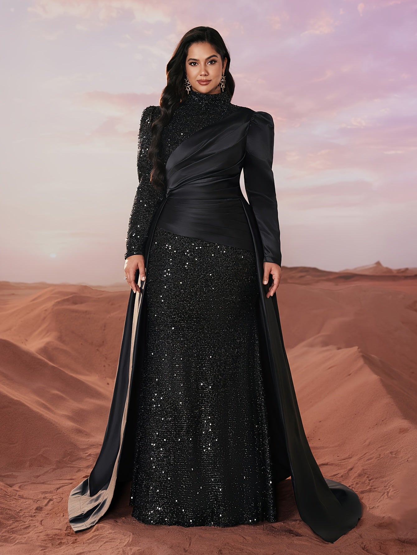 Plus Size Black Sequin Gown Satin Pleats Formal Dress for Weddings Prom