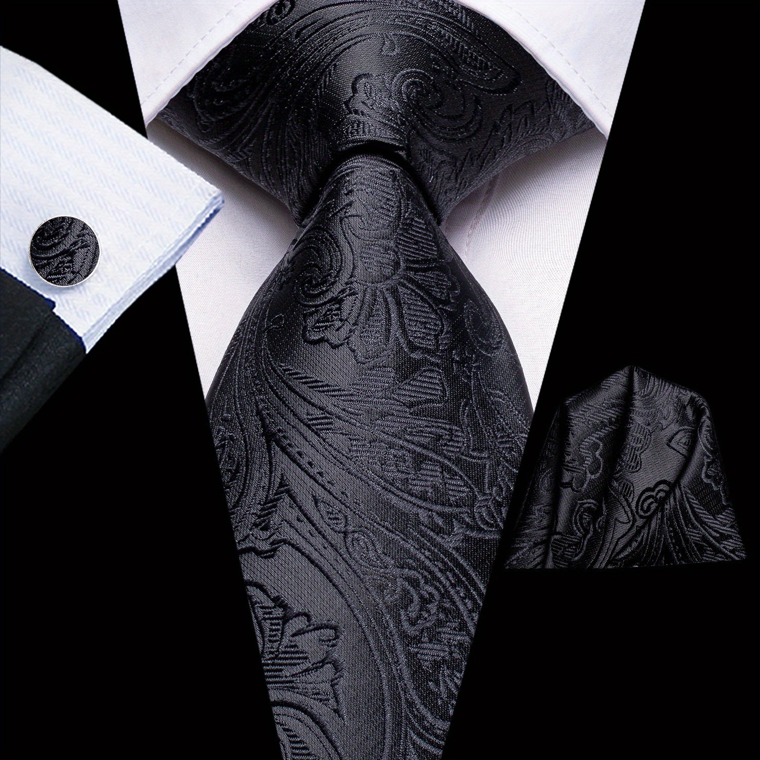 Men's Jacquard Woven Black Tie Set with Cufflinks and Hanky for Weddings and Business