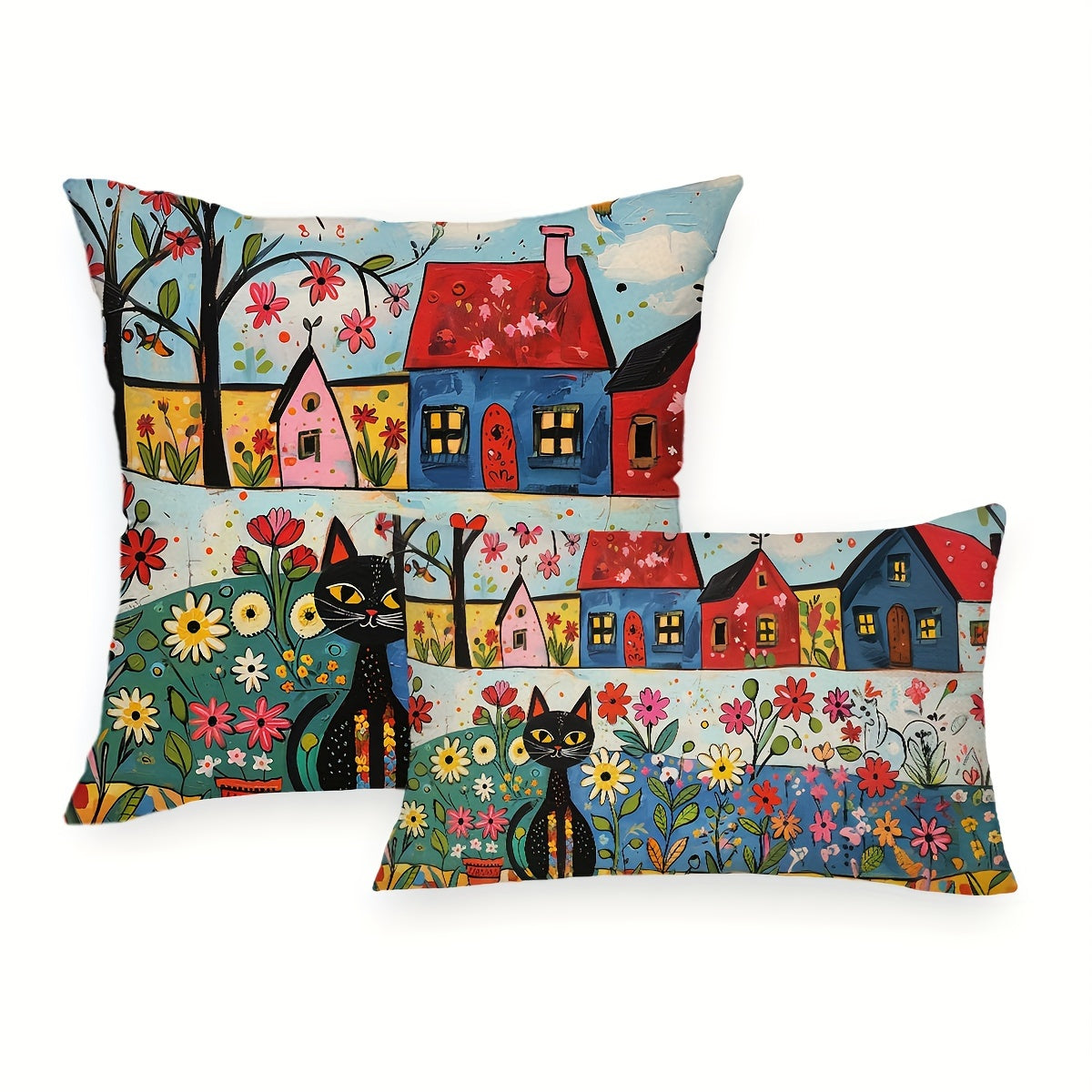 Black Cat Throw Pillow Cover Sun and Flowers Design 29.97x50.04cm or 44.96cm Square Farmhouse Decor