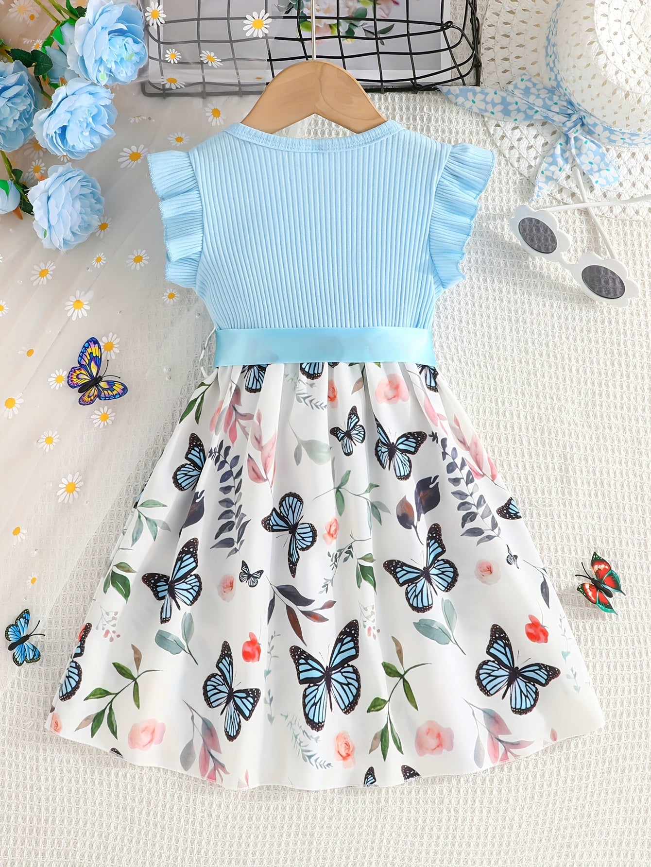 Girls Light Blue Ribbed Cotton Dress with Butterfly Floral Print Flutter Sleeves Belt Summer Casual