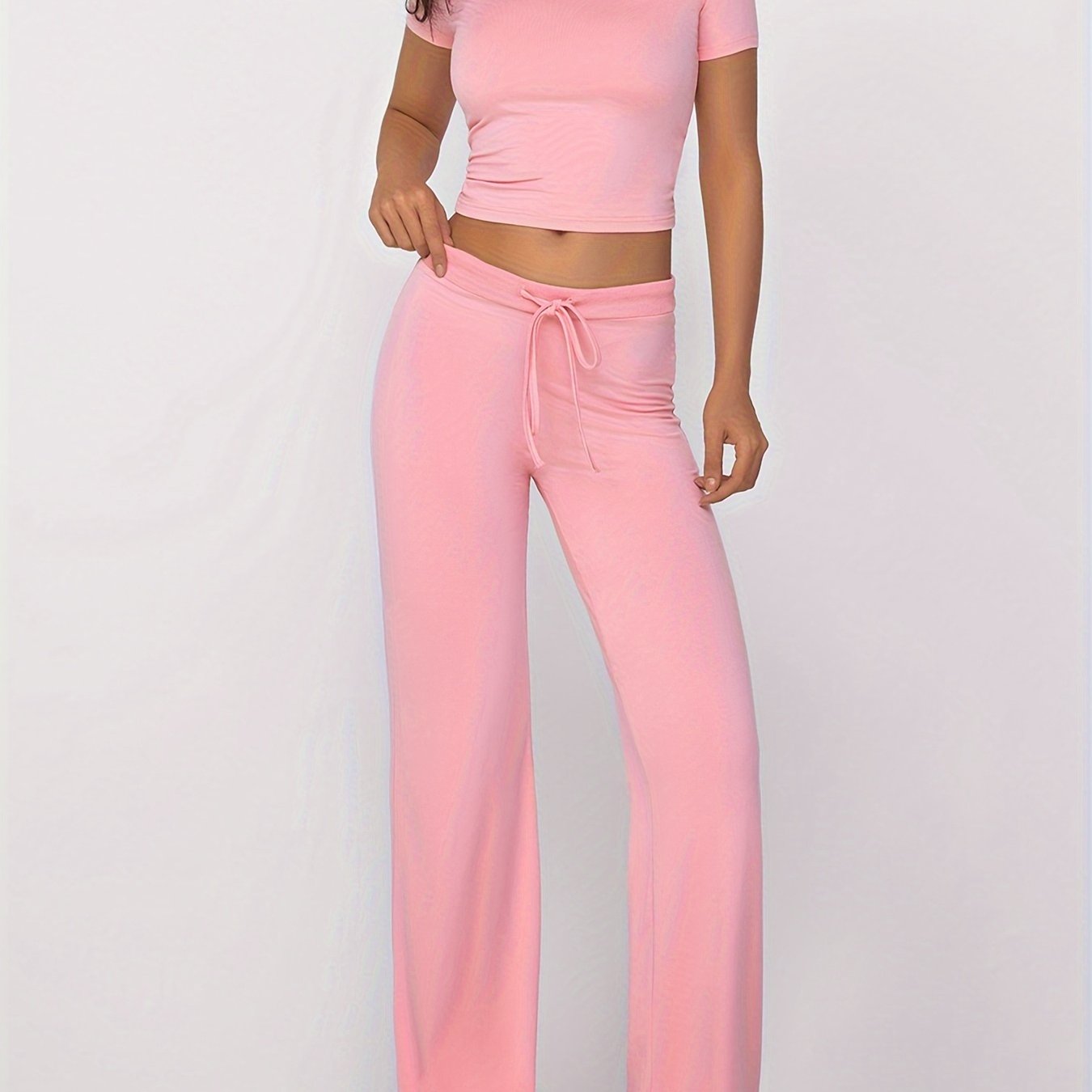 Women's Ribbed Modal Spandex Loungewear Set with Drawstring Crew Neck Solid