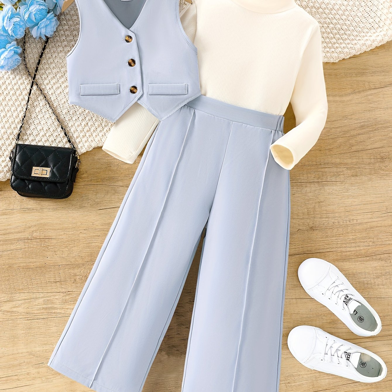 Girls' Casual Outfit Set Sleeveless Vest Long Sleeve Top Wide Leg Pants Spring Fall