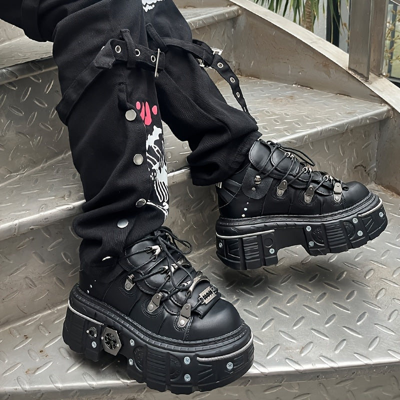 Women's Black Platform Ankle Boots Round Toe High Heel Sneakers