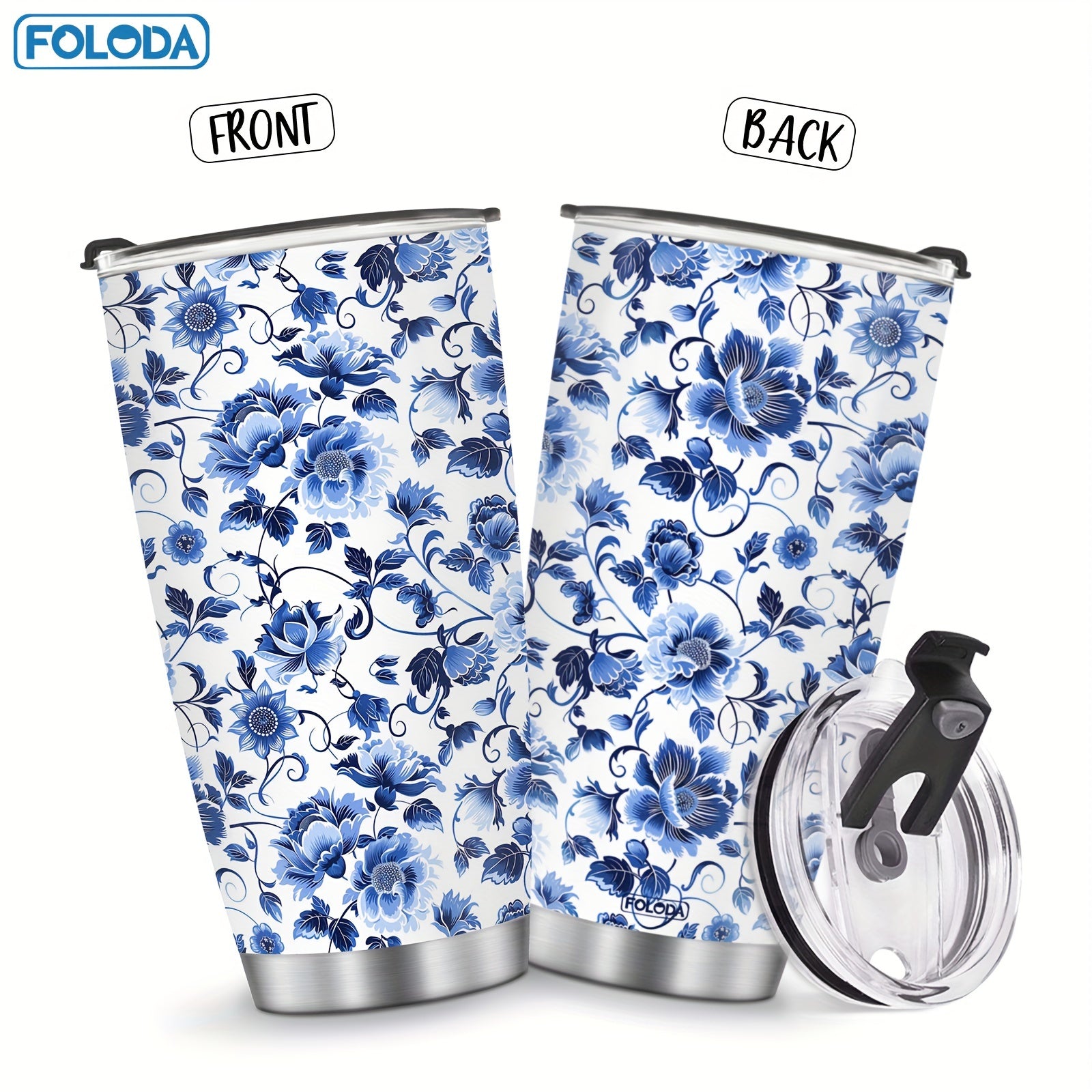 20oz Blue Floral Stainless Steel Travel Mug Double Wall Vacuum Insulated with Lid and Straw