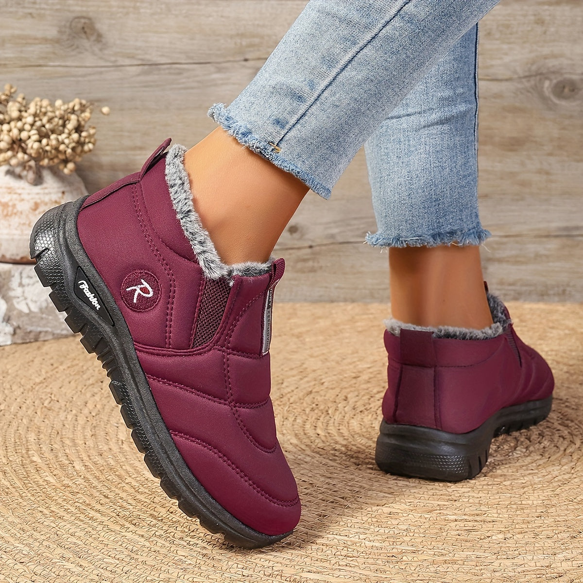 Women's Burgundy Slip-On Ankle Boots with Plush Lining and Non-Slip Sole
