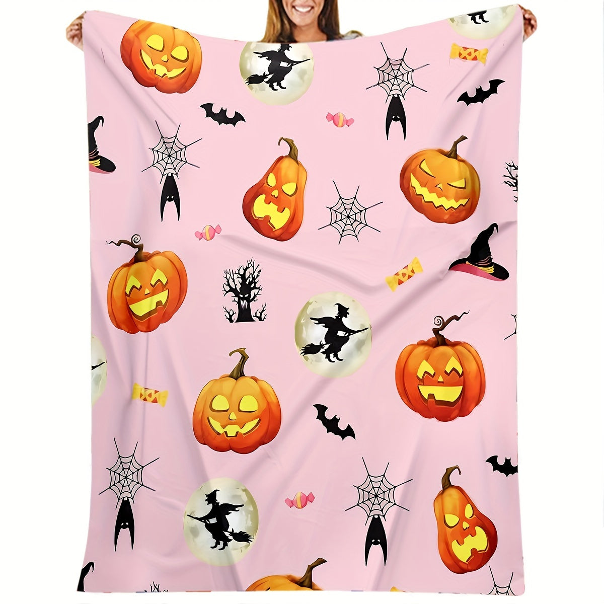 Halloween Pumpkin Print Flannel Throw Blanket Hypoallergenic All Seasons Knitted Polyester