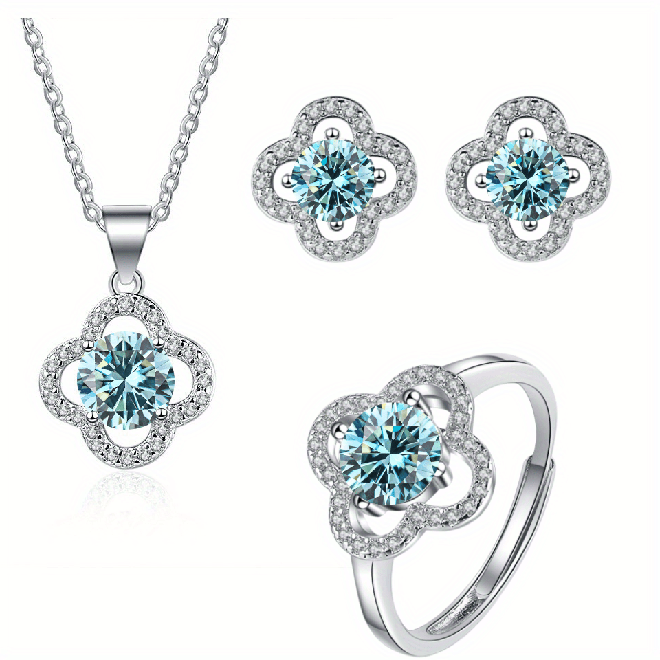 Moissanite Jewelry Set 925 Sterling Silver Earrings Necklace Ring Flower Design Gift