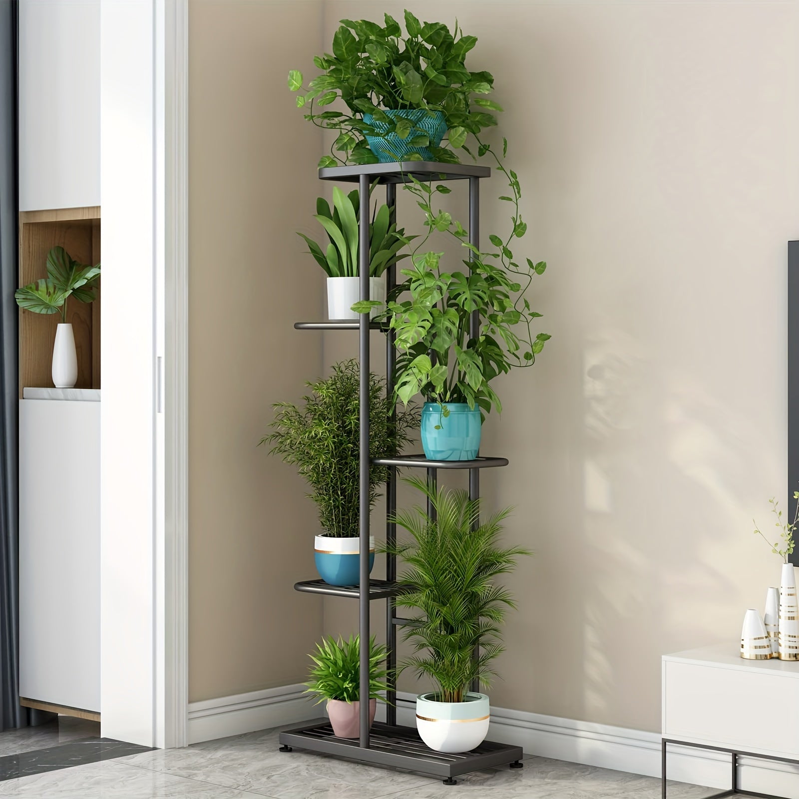 Metal 5-Tier Plant Stand with 6 Pots Indoor Outdoor Display Shelf for Patio Garden Balcony Living Room