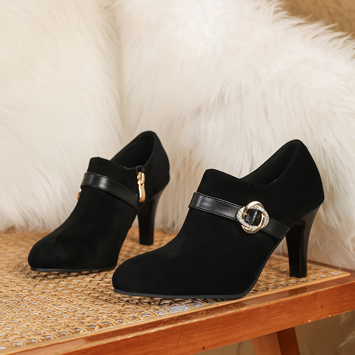 Women's Black Faux Leather Pointed Toe High Heels with Zipper