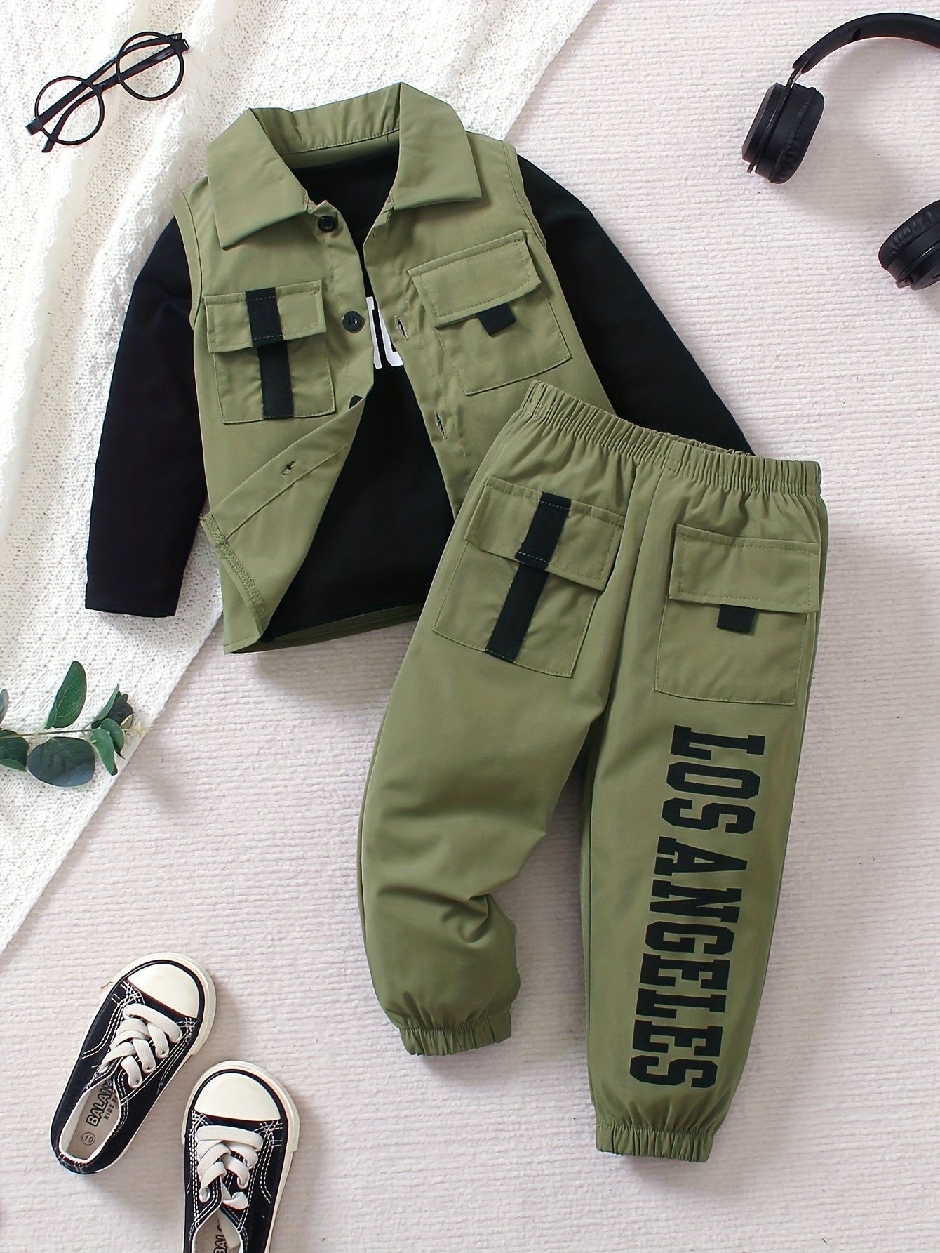Boys' 3-Piece Street Style Outfit Set Olive Green Vest Long Sleeve Tee Jogger Pants Spring Fall