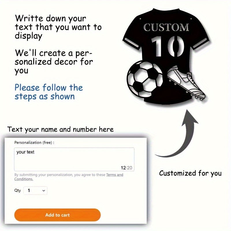 Arte de pared de metal con diseño personalizado de camiseta de fútbol, nombre y número personalizables, decorativo reutilizable y desmontable para entusiastas del deporte