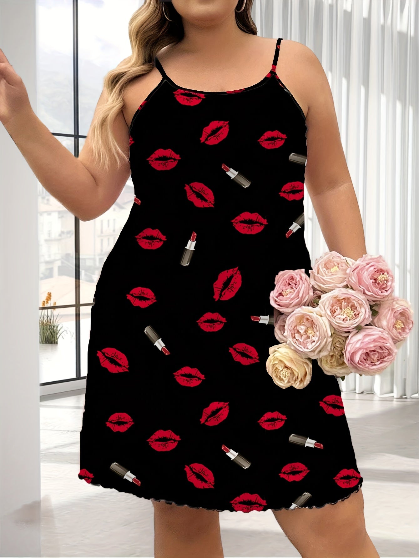 Plus Size Women's Sleepwear Lip Print Sleeveless Nightgown Black Red Ruffled Hem