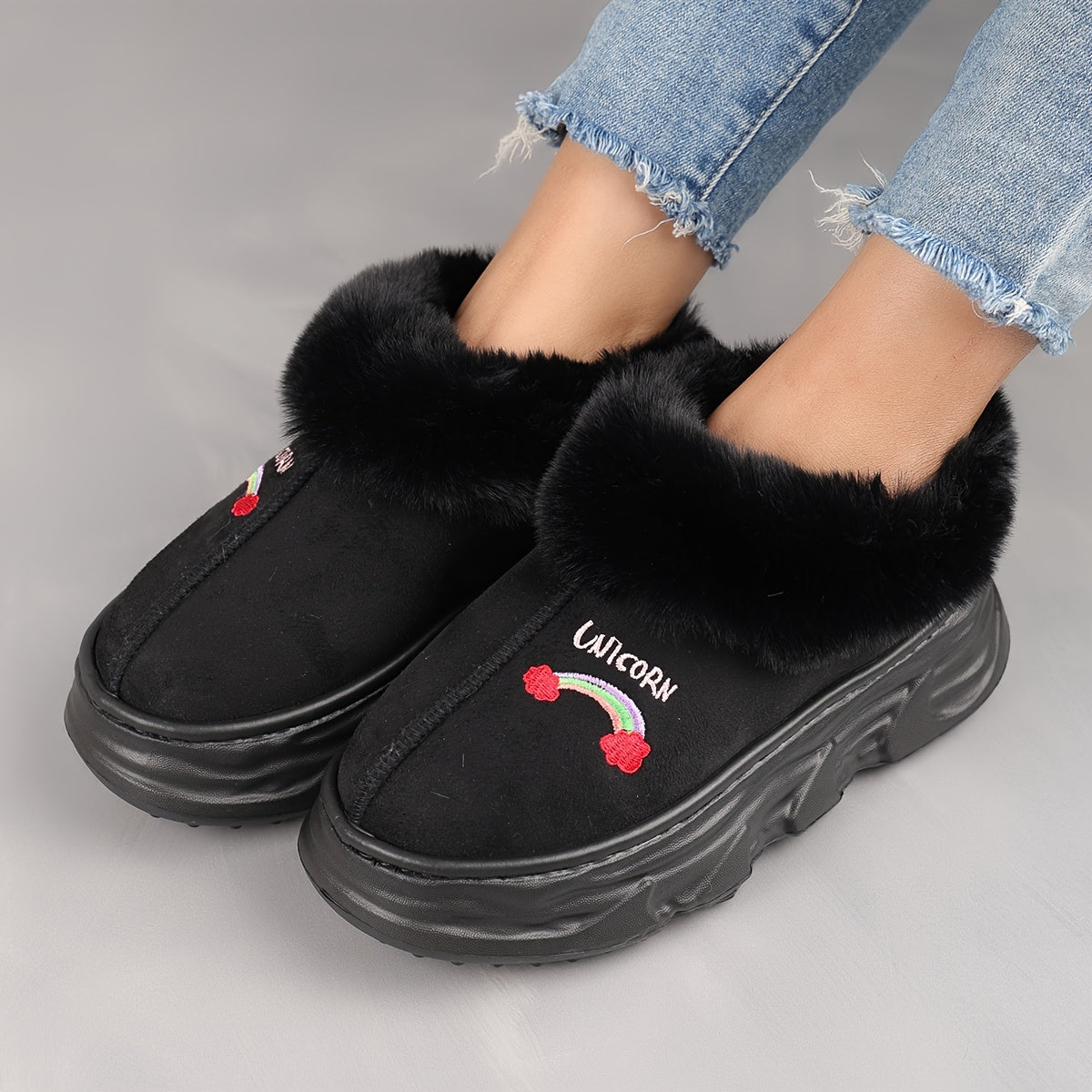 Unisex Short Snow Boots Warm Thick-Soled Winter Boots Rainbow Cartoon Black White