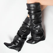 Women's Knee-High Wedge Heel Boots with Zipper and Pointed Toe