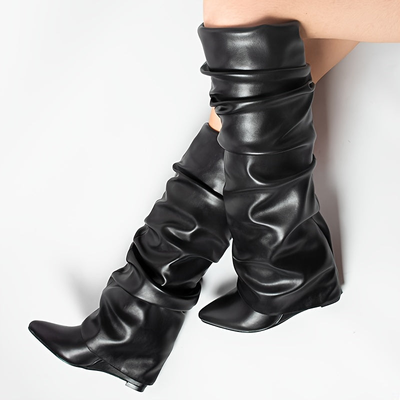 Women's Knee-High Wedge Heel Boots with Zipper and Pointed Toe