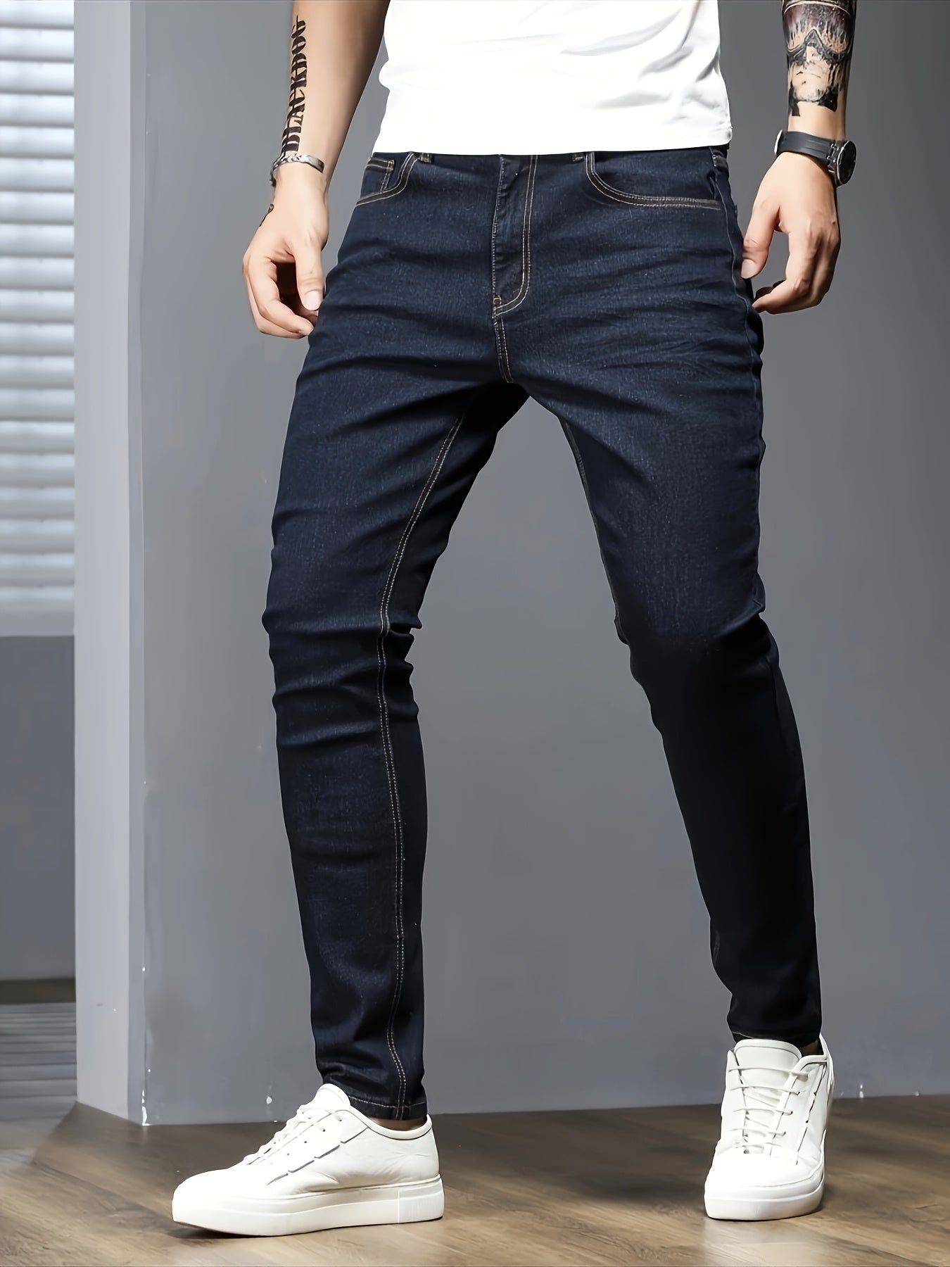 Men's Slim Fit Jeans Solid Color Stretch Denim Raw Wash All-Season