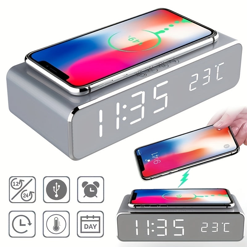 Wireless Charging Station with Alarm Clock Thermometer and Earphone Holder
