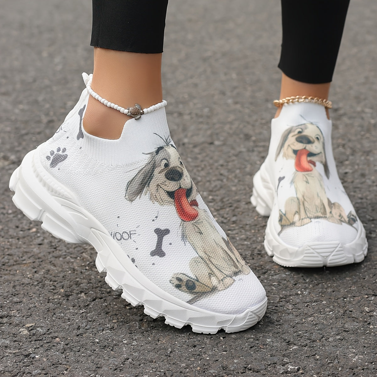 Women's Casual Sneakers with Puppy Print Lightweight Breathable Fabric