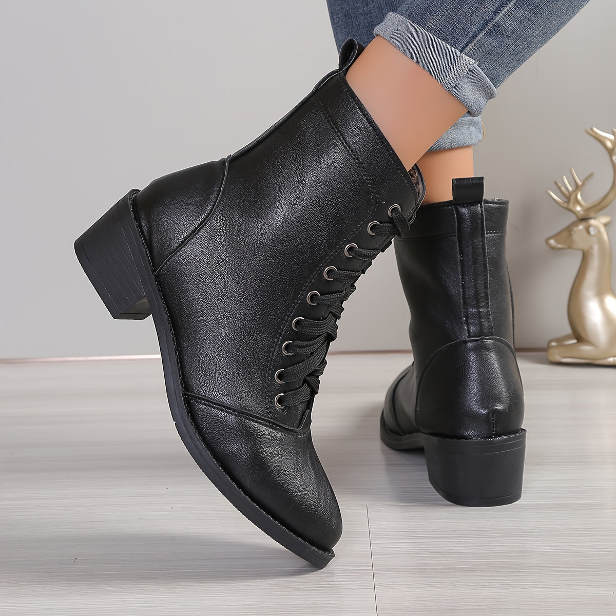 Women's Velvet Lined Mid-Heel Combat Boots with Side Zip and Chunky Heel