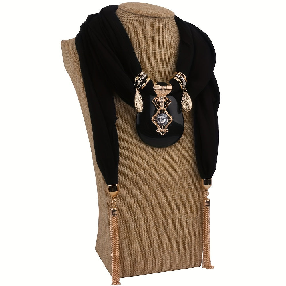 Women’s Thin Solid Color Scarf with Vintage Chain Tassel Pendant and Crystal Accent