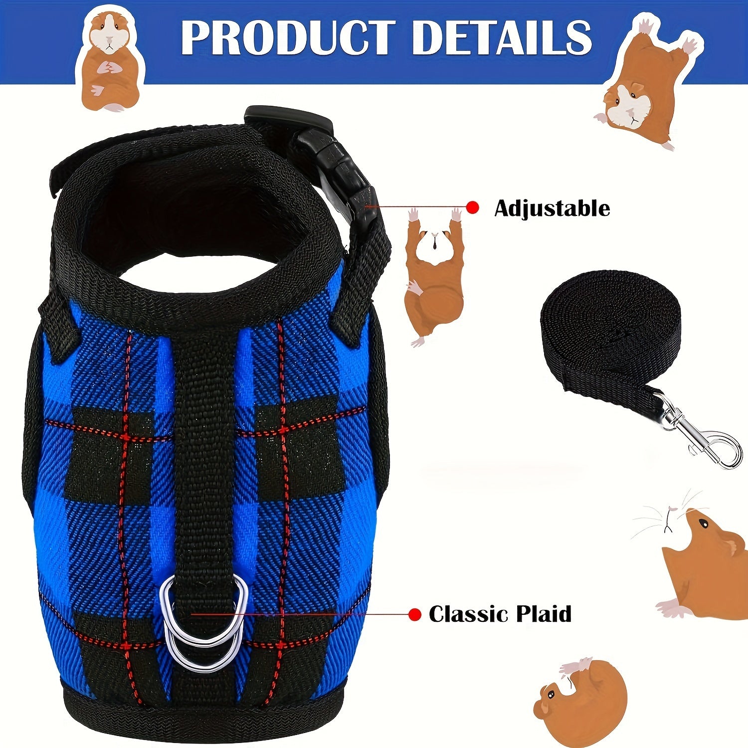 Checkered Blue and Red Hamster Harness and Leash Set with Bell Adjustable Breathable
