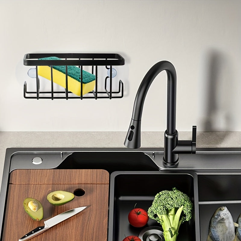 Black Metal Sink Caddy with Suction Cup for Dish Cloth and Sponge Rust-Resistant Kitchen Bathroom Organizer