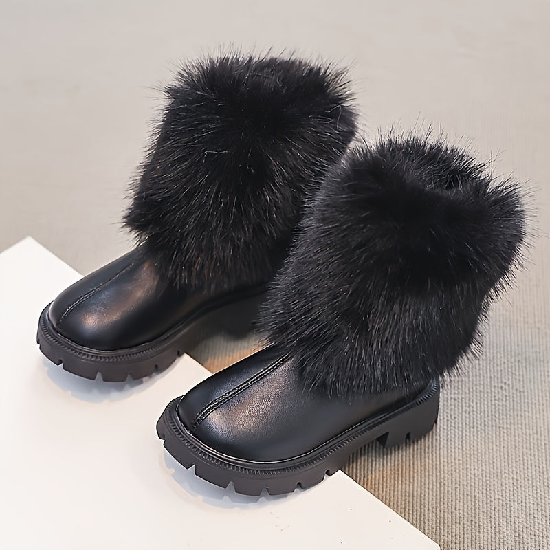 Yosh qizlar uchun preppy uslubidagi soxta mo'yna qish poyabzallari, zipper yopilishi, dumaloq barmoq, EVA ichki qismi va 14 yoshgacha bo'lganlar uchun bir rangli dizayn.