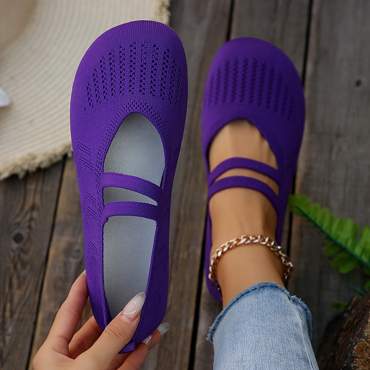 Women's Breathable Knit Slip-On Flats Casual Outdoor Shoes Round Toe Black Red Purple