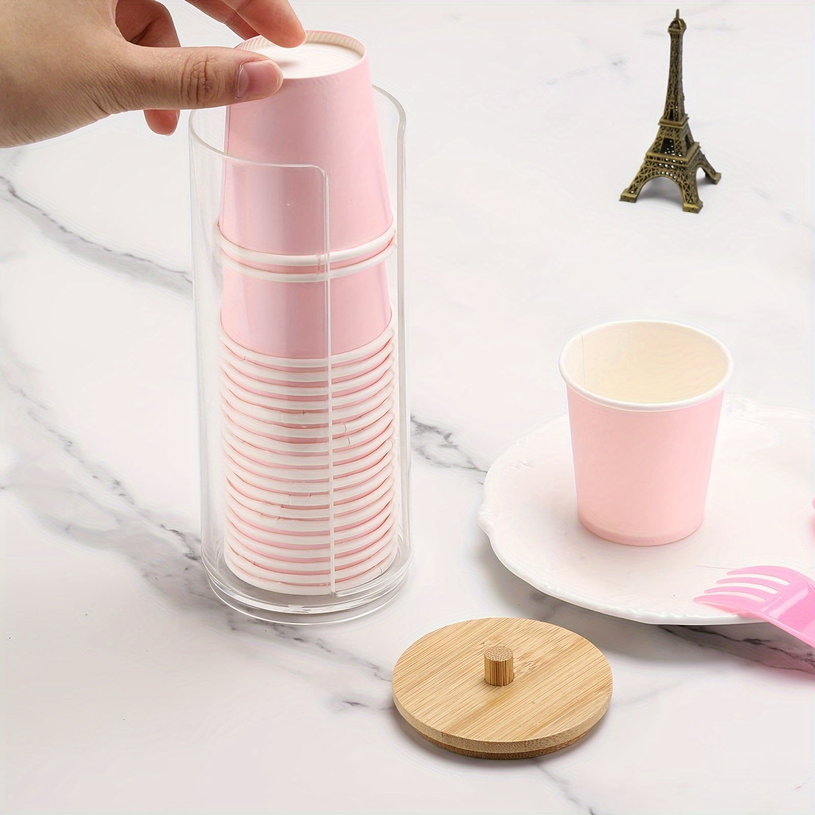 Clear Plastic Bathroom Storage Organizer with Bamboo Lid for Makeup Pads and Cups