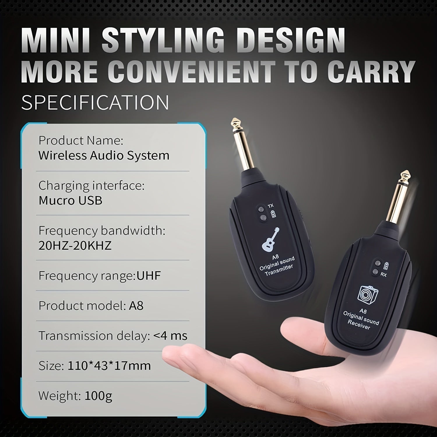 Wireless Instrument Pickup for Guitar Ukulele Violin Black Portable Battery USB