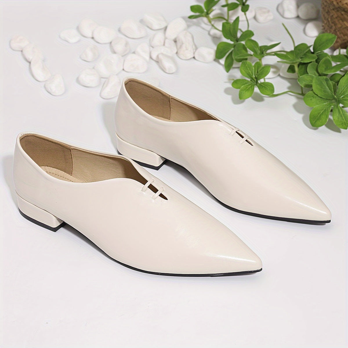 Women's White Pointed Toe Waterproof Mary Jane Flats for Winter and Casual Wear