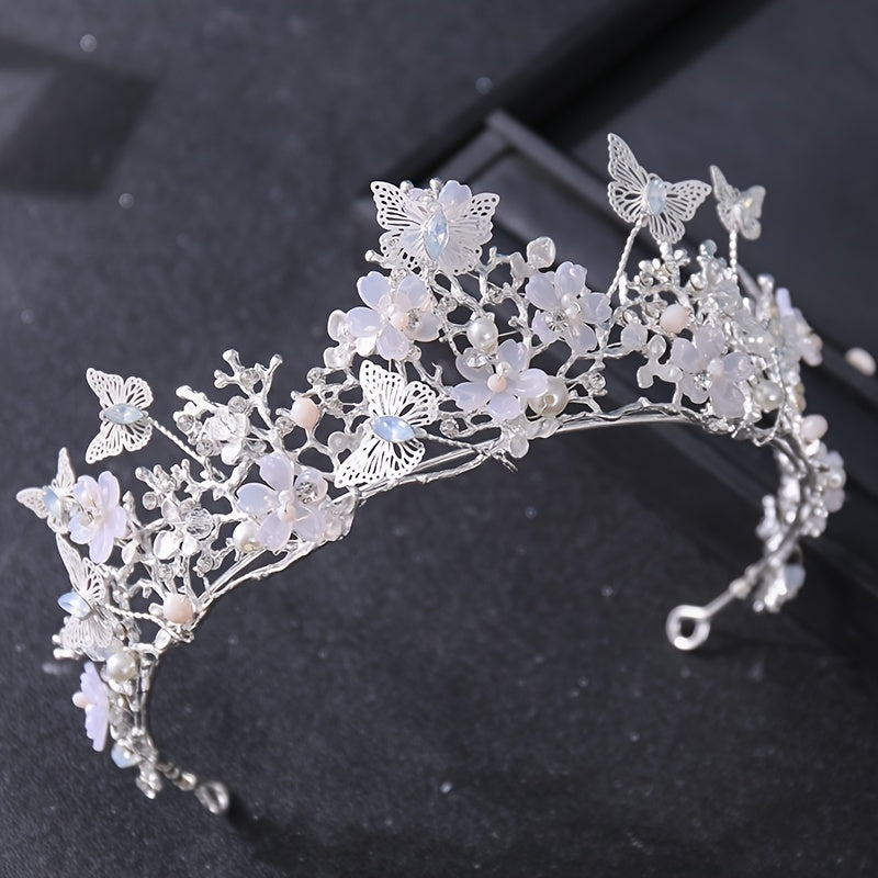 Невестная цветочная корона с жемчугами, стразами и бабочкой, аксессуар для свадебных причесок
