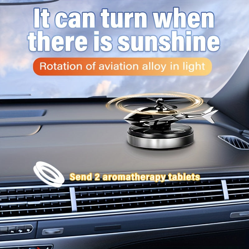 Quyosh energiyasida ishlaydigan vertolyot havo tozalagichi, qizil/oltin/silver/ko'k rangda aylanuvchi alyuminiy qotishmasidan yasalgan aromaterapiya difuzori, uzoq muddatli nozik hid uchun qog'oz hid varaqalari va avtomobilni o'z ichiga oladi.