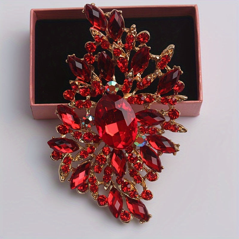 Red Crystal Glass Brooch Pin with Large Floral Design for Women