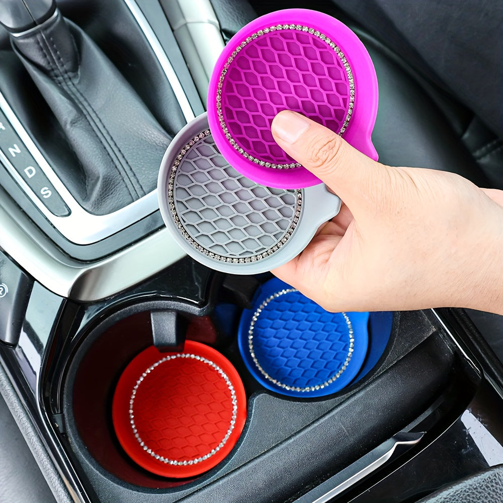 2PCS Silicone Car Cup Coasters Non-Slip Rhinestone Interior Accessories