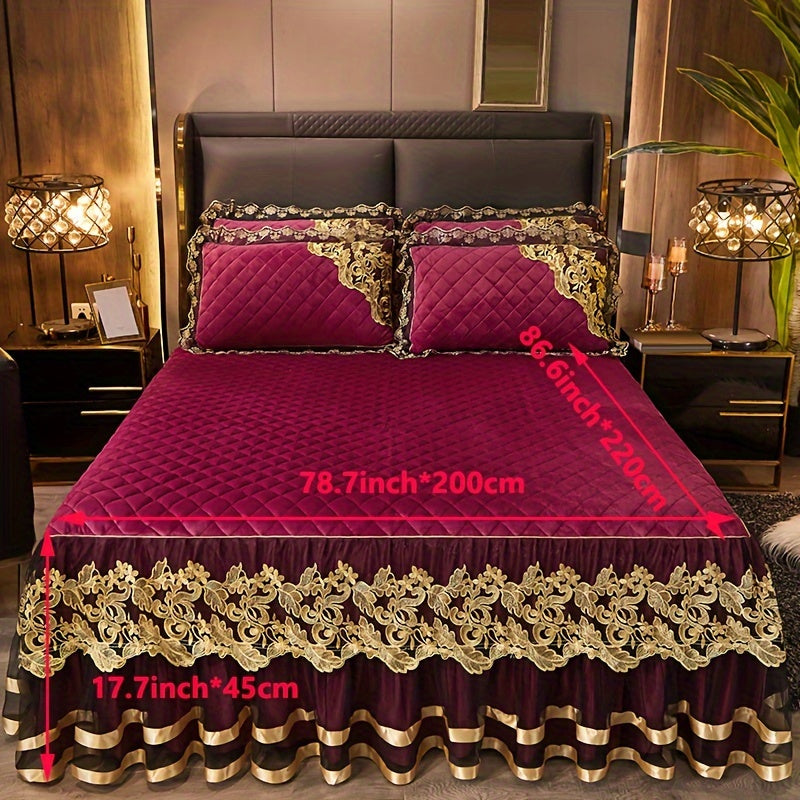 Solid Color Bed Skirt and Pillowcase Set with Lace Detail Quilted Ruffled Design