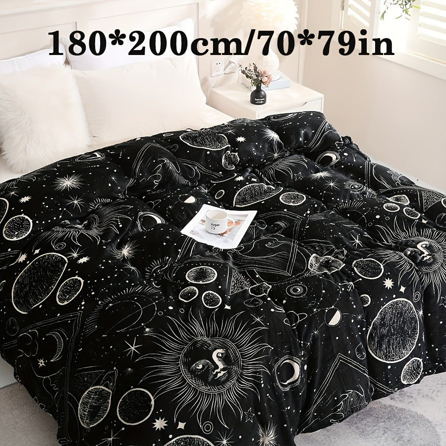 200GSM Flannel Blanket with Sun Moon and Planet Print Soft Warm Lounge Couch Travel Gift