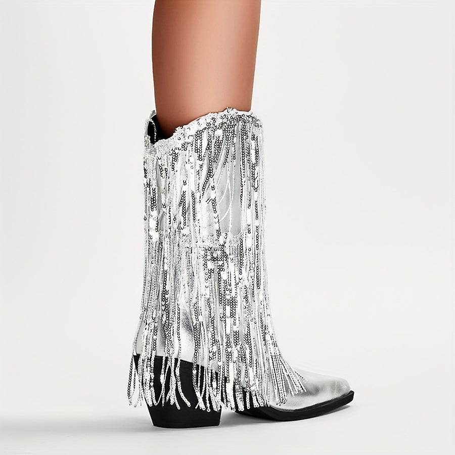 Женские ботинки на каблуке с пайетками и кисточками для вечерних и праздничных образов
