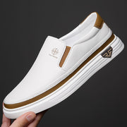 Men's Slip-On Loafers Microfiber Synthetic Leather Casual Non-Slip Rubber Sole White Brown Gold Accents