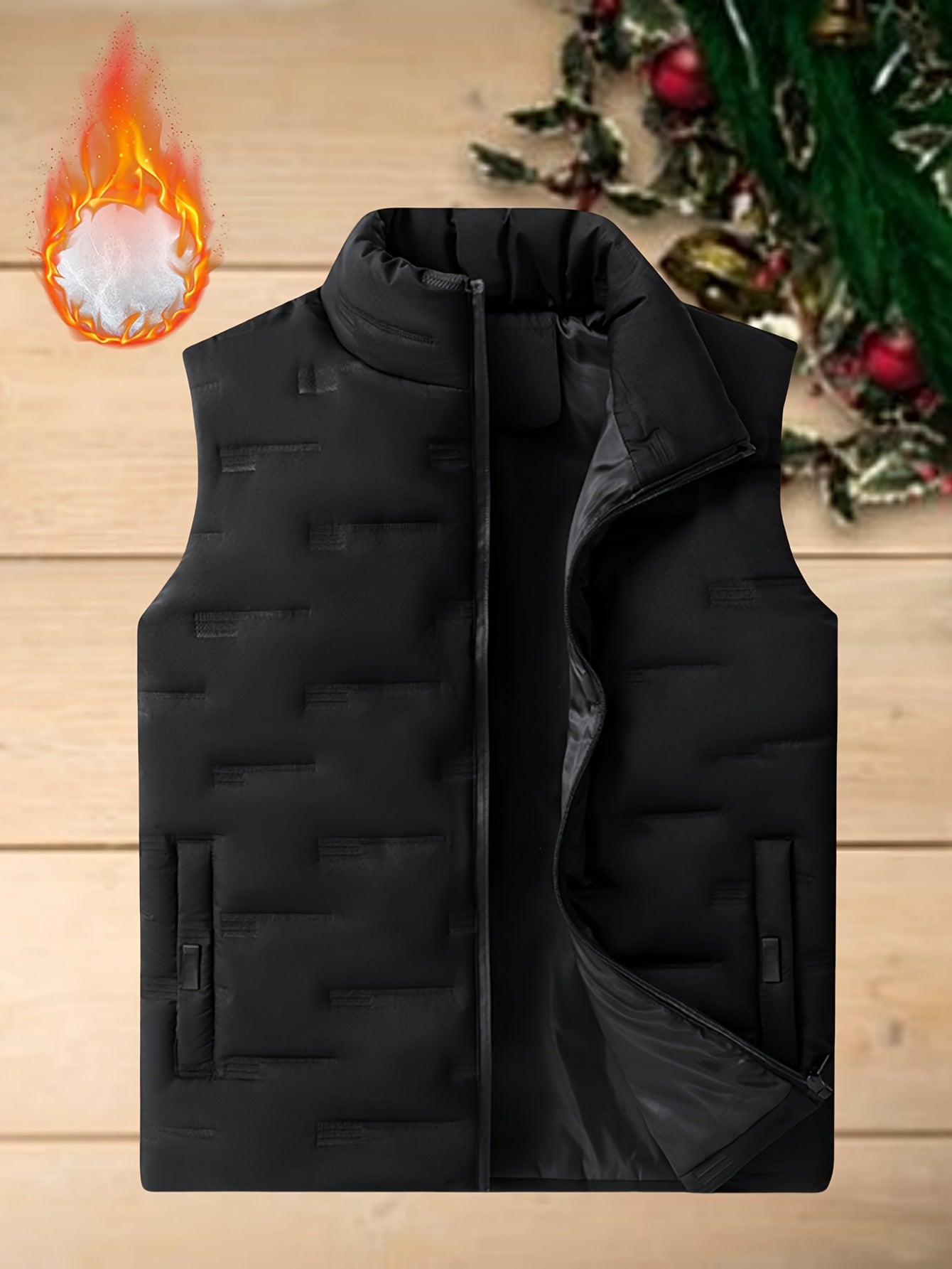 Men's Sleeveless Vest Black Polyester Stand Collar Geometric Pattern Autumn Winter Layering