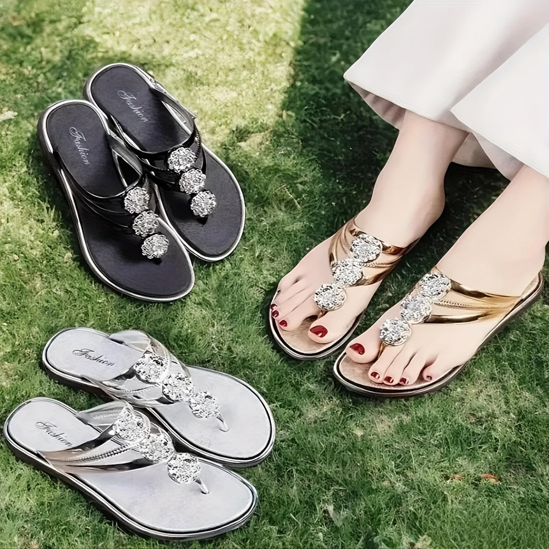 Women's Open Toe Rhinestone Flat Sandals for Beach and Casual Wear